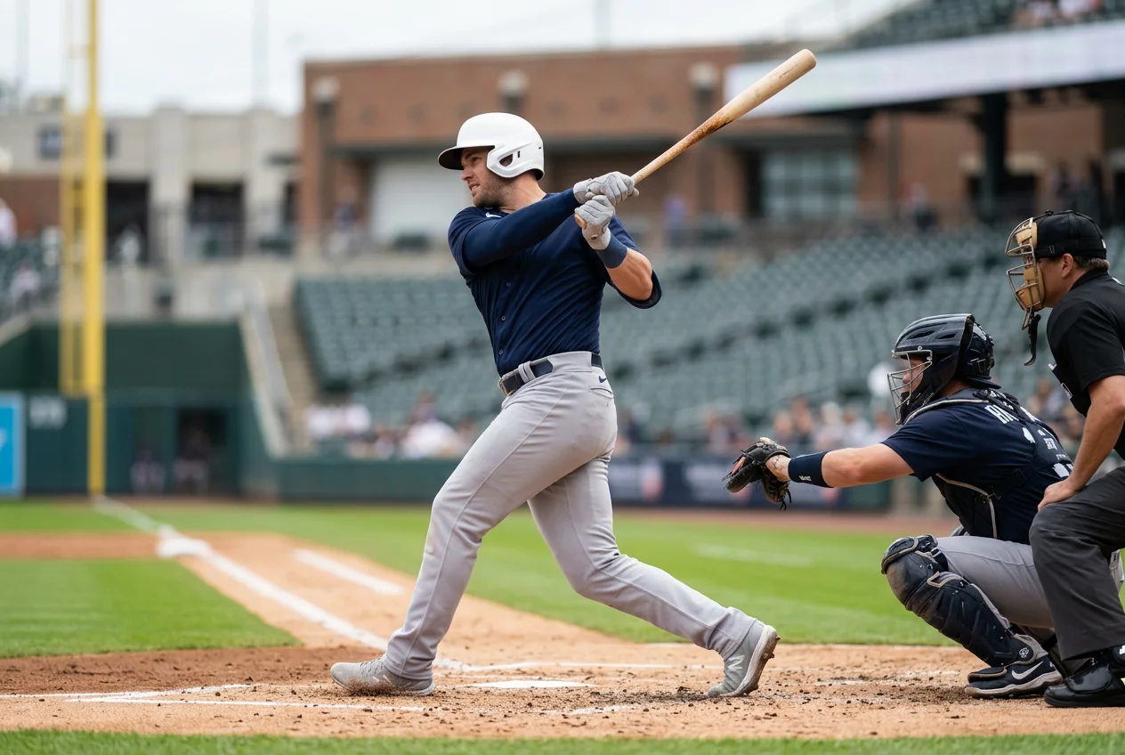 MLB-Batter im Schlagschwung mit Catcher und Schiedsrichter im Hintergrund
