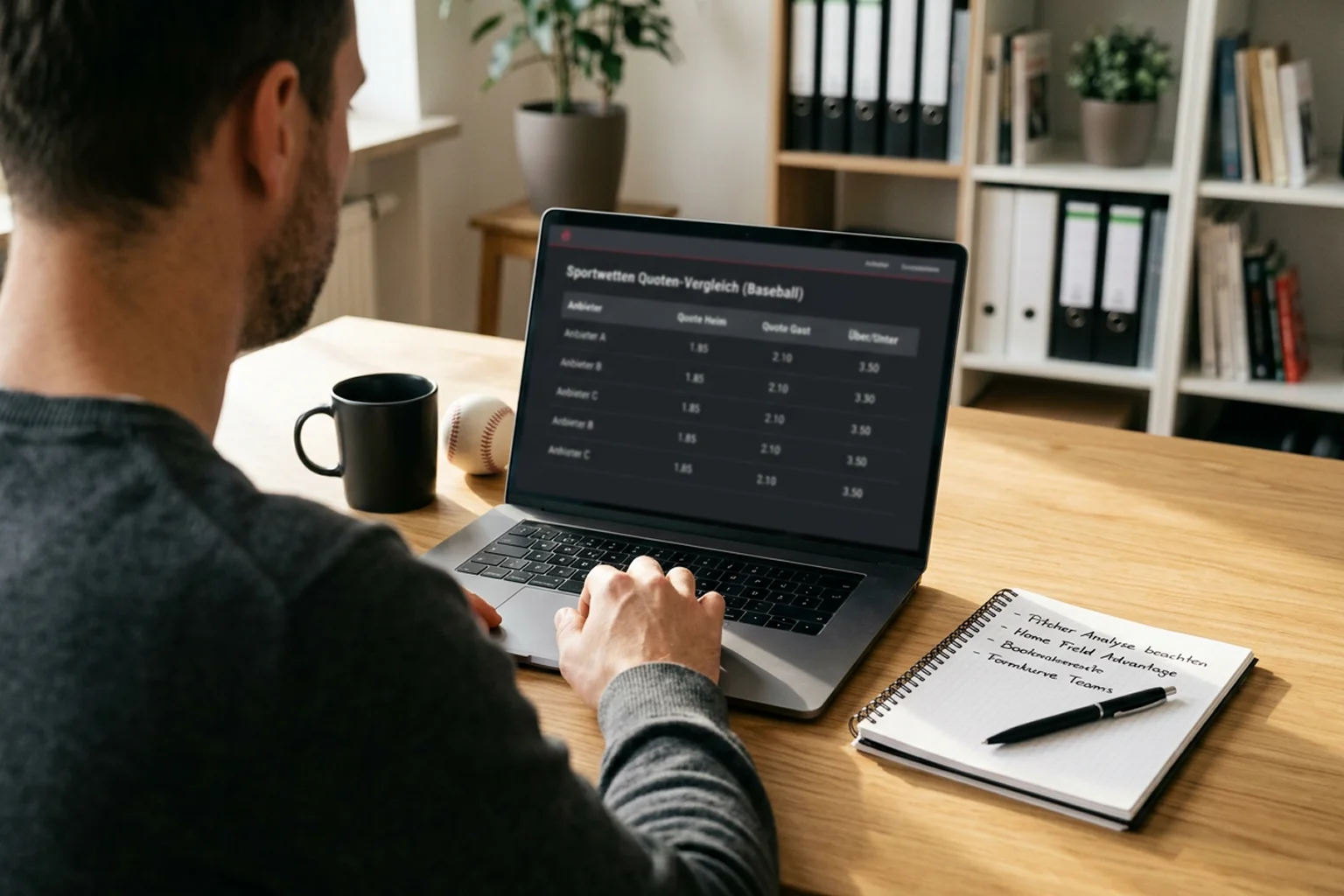 Sportwetten-Analyse am Laptop mit Quotenvergleich und Baseball auf Schreibtisch