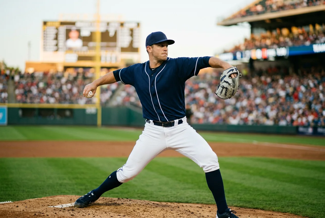 Reliever auf dem Mound während eines späten MLB-Innings mit Anzeigetafel