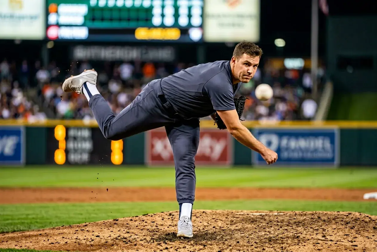 Closer wirft den letzten Pitch des neunten Innings unter Flutlicht