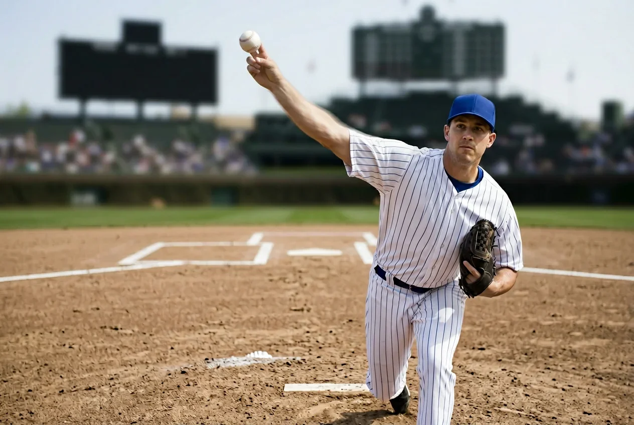 MLB-Pitcher beim Wurf mit eingeblendeten ERA-Statistiken auf der Anzeigetafel