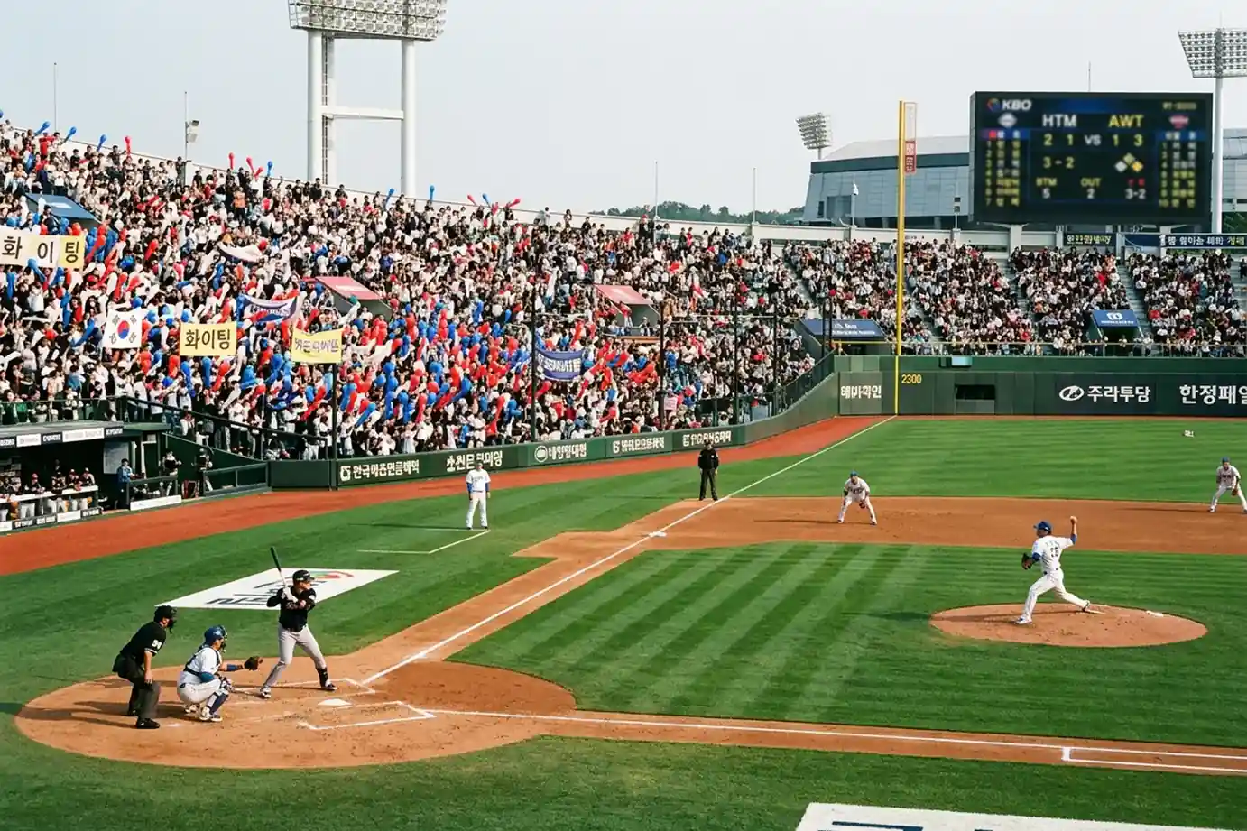 KBO-Stadion in Korea mit Fans und Anzeigetafel während eines Liga-Spiels