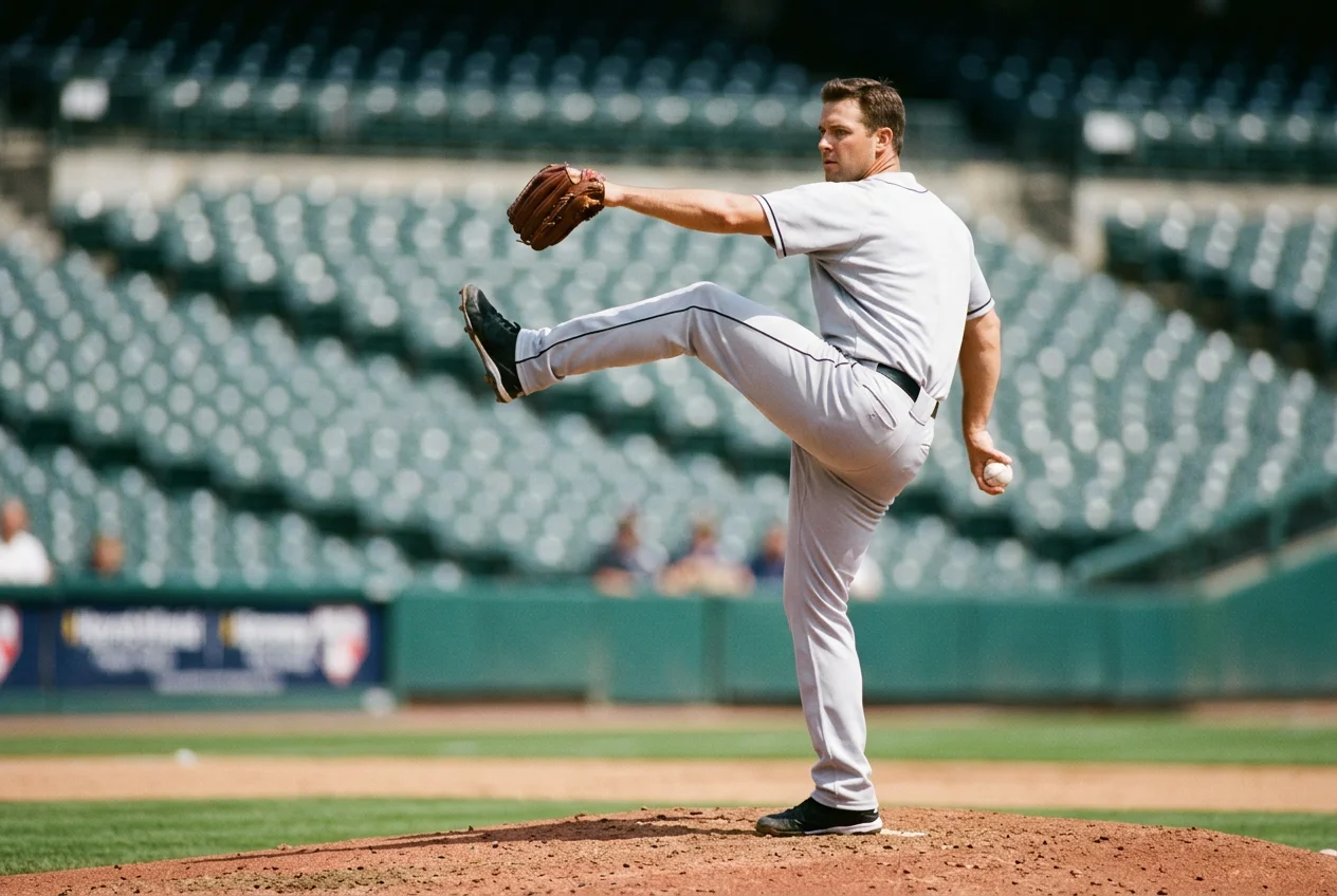 MLB-Pitcher in der Wurfbewegung vor leerem Stadion bei Tageslicht