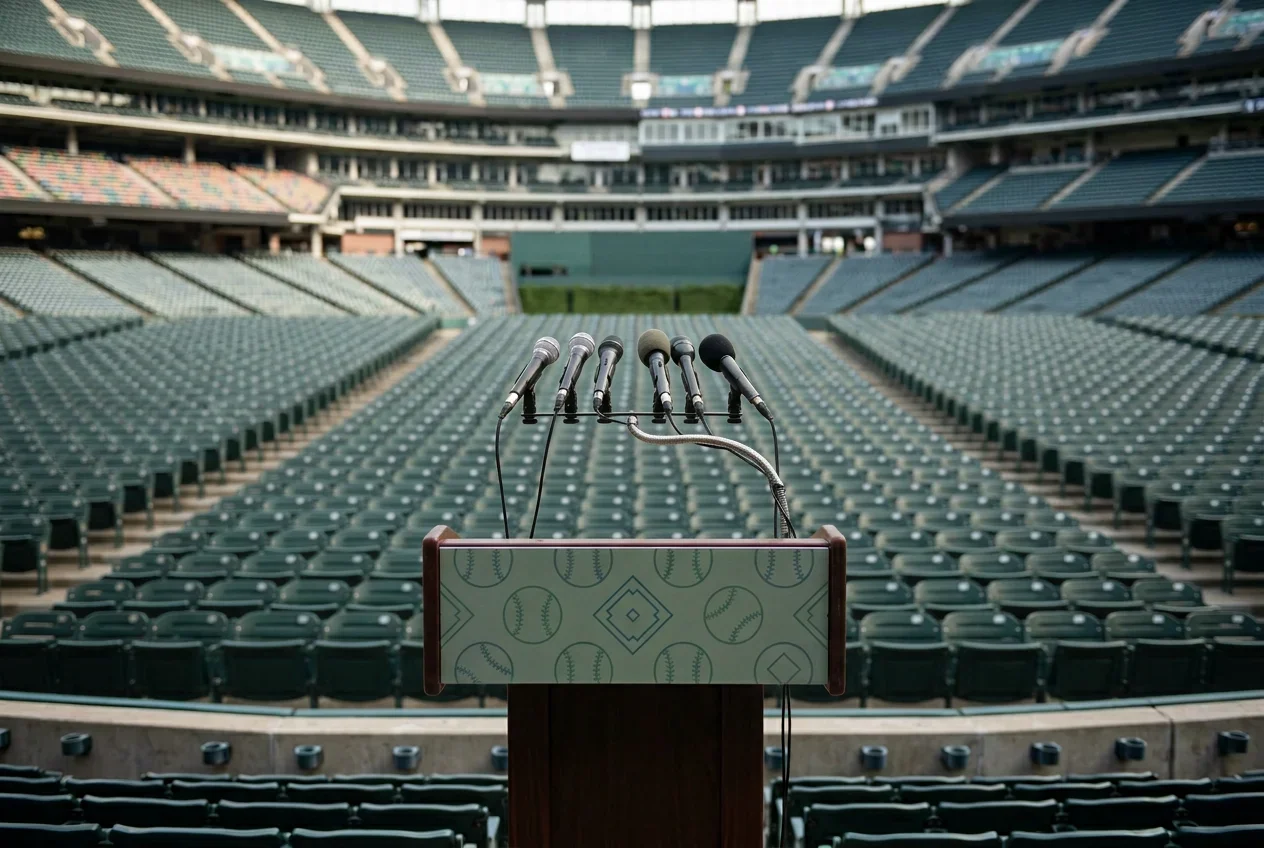 Leeres MLB-Stadion mit Pressestand und Mikrofonen am Spielfeldrand