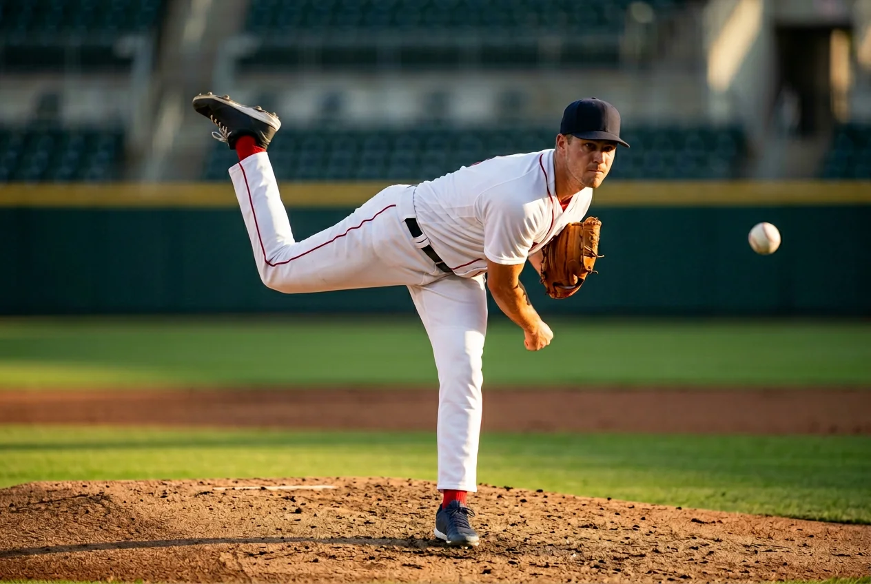 MLB Pitcher im Windup auf dem Mound bei Baseballspiel im Stadion