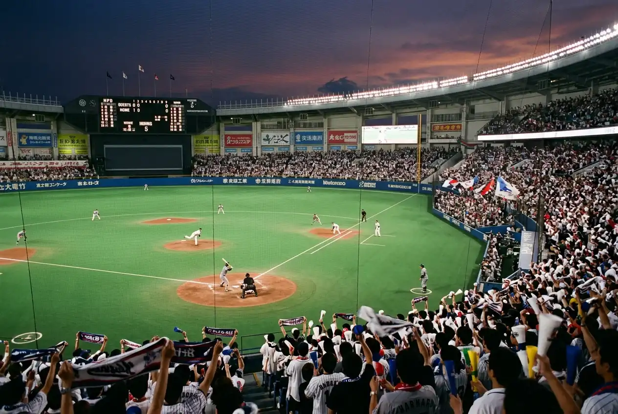 NPB-Stadion in Japan mit vollen Tribünen bei einem Abendspiel
