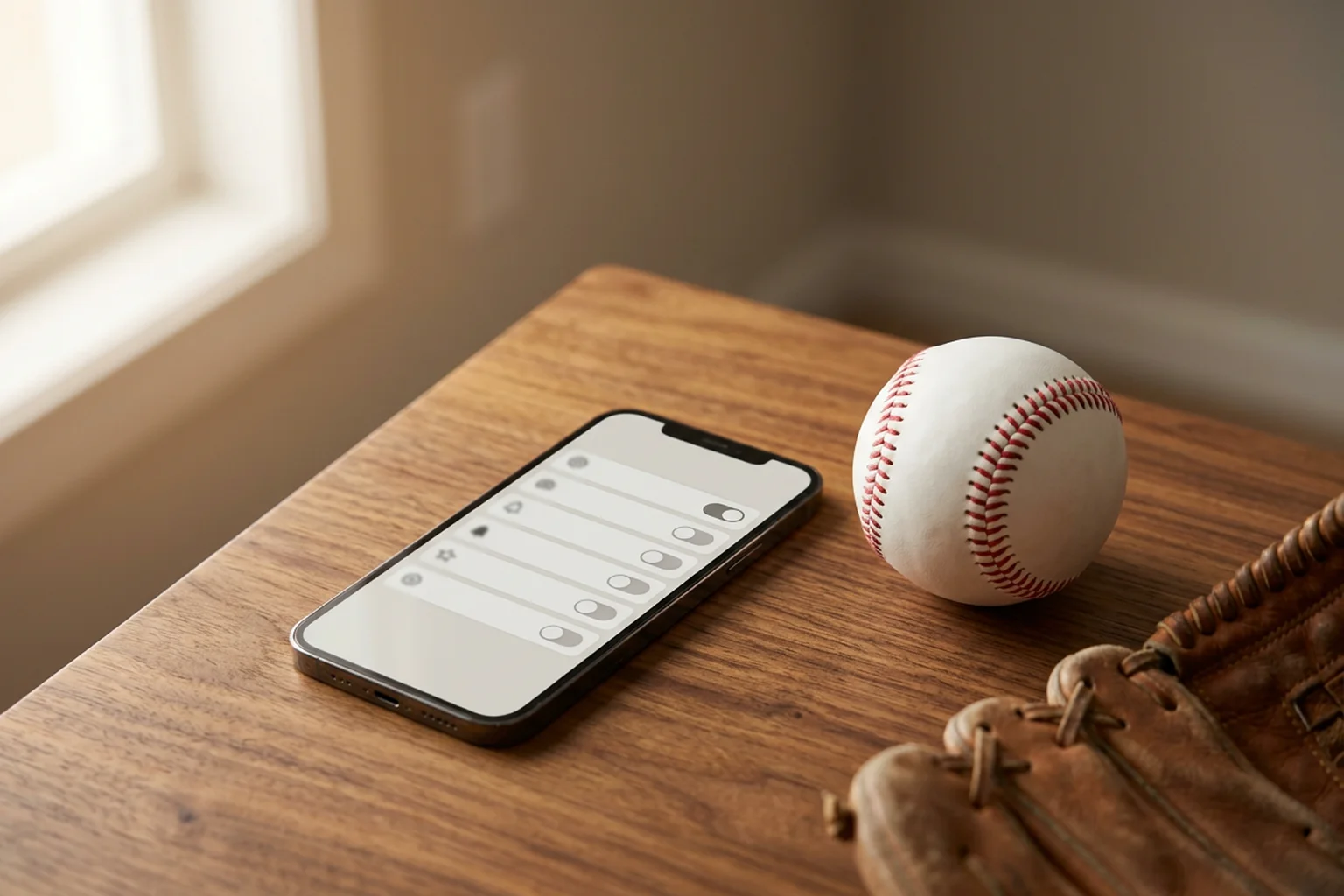 Smartphone mit Spielerschutz-Einstellungen auf einem Holztisch neben einem Baseball