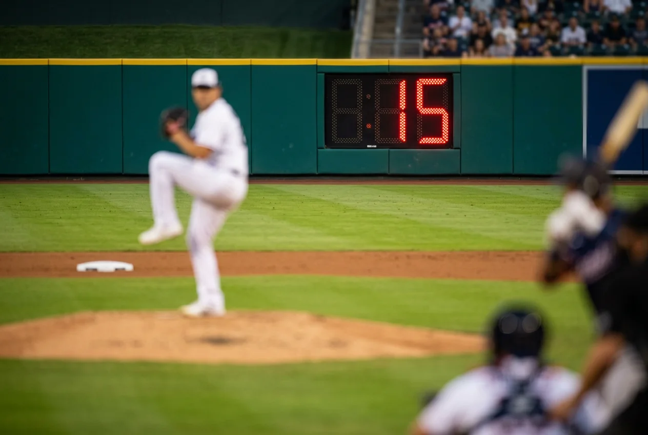 Pitch-Clock-Anzeige auf einem MLB-Stadion-Display während eines Pitches