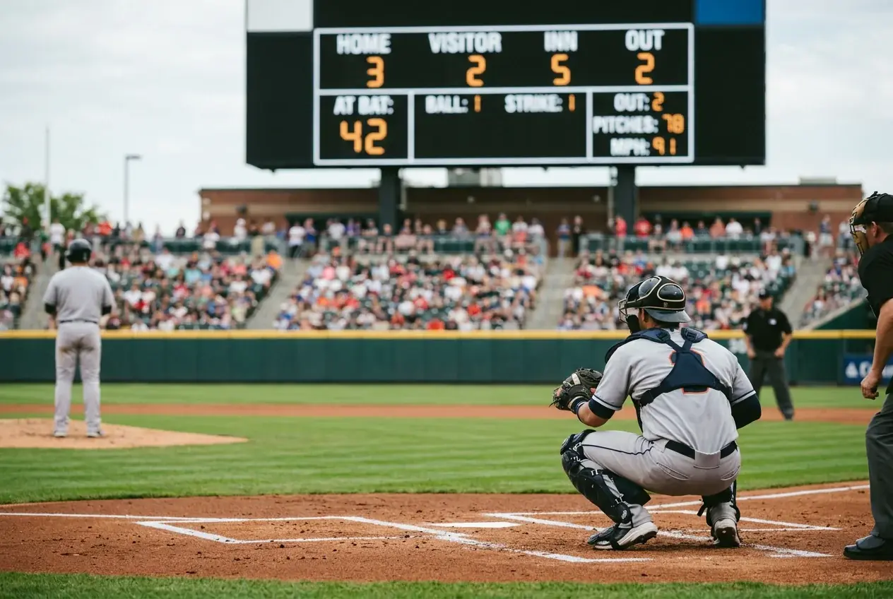 MLB-Anzeigetafel mit Quoten-Übersicht hinter dem Catcher im Stadion