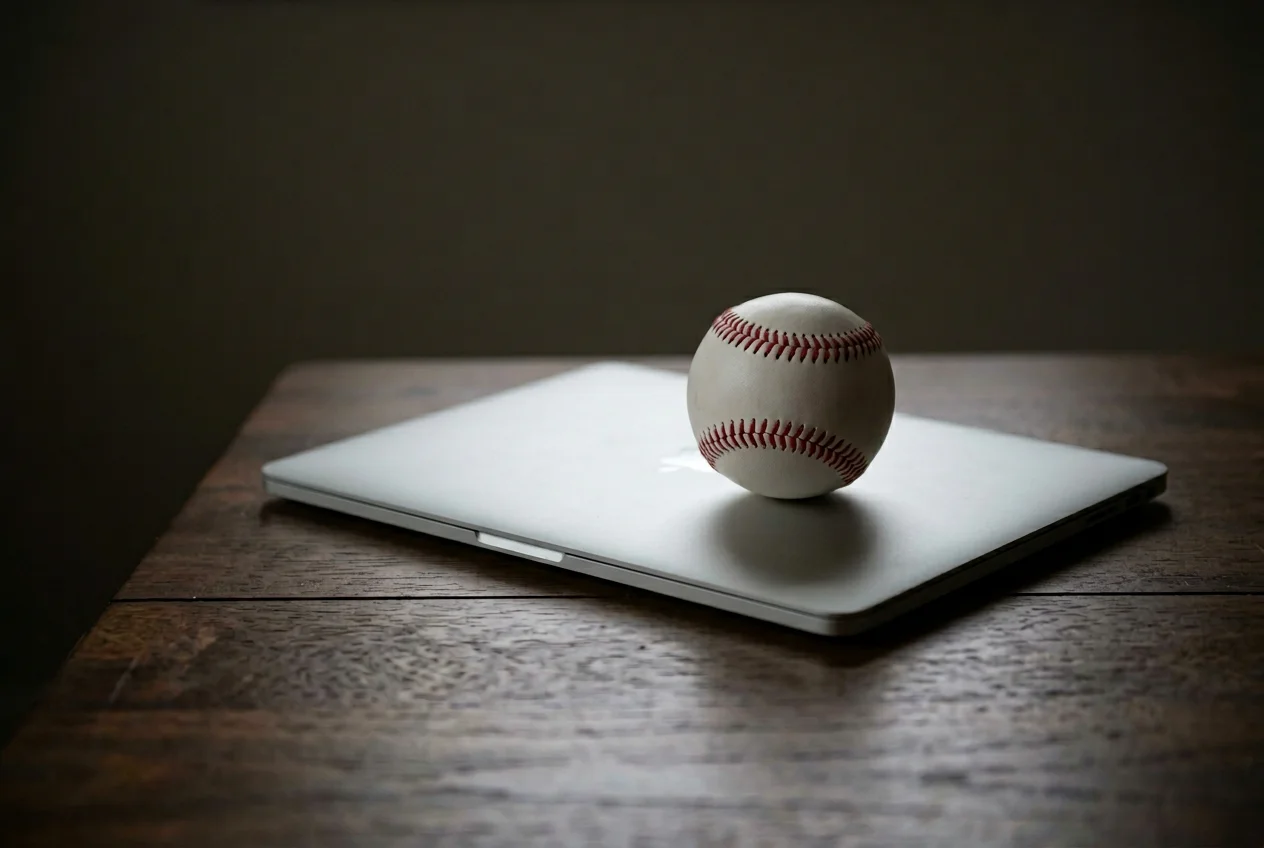 Geschlossener Laptop neben einem Baseball auf einem dunklen Holztisch