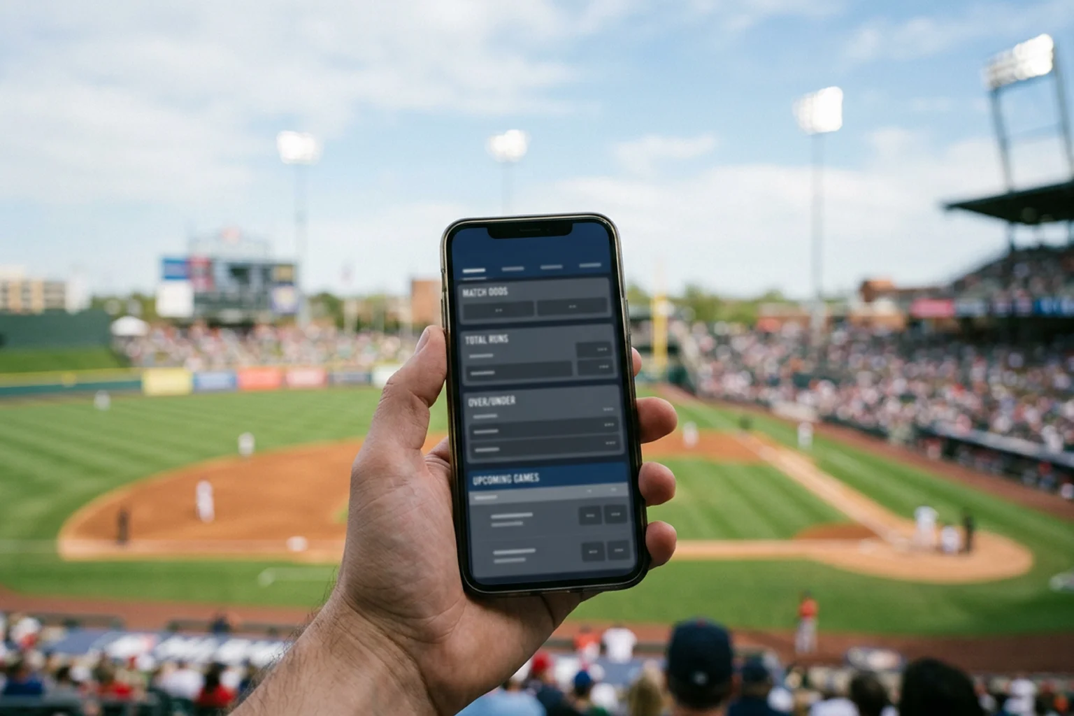 Smartphone mit digitalem MLB-Wettschein vor einem Baseball-Stadion