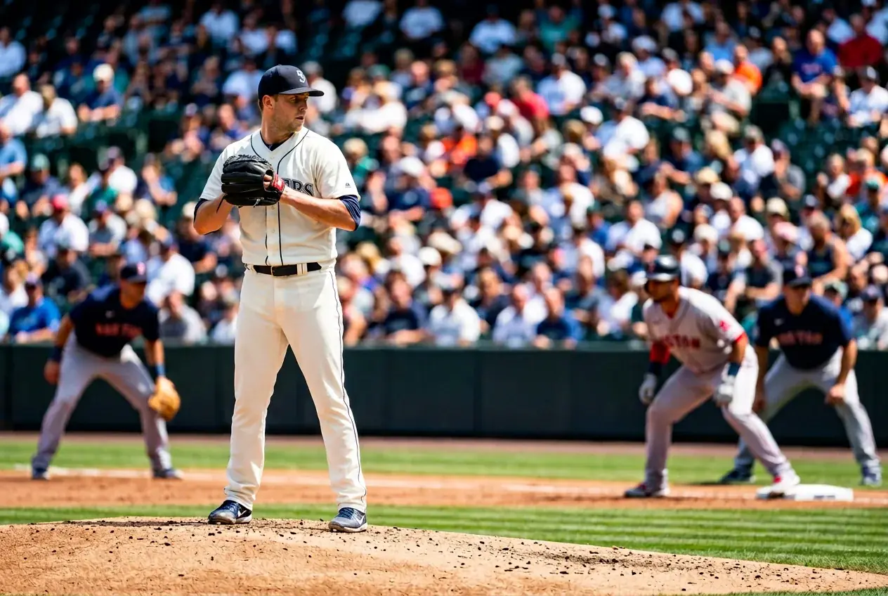 MLB-Pitcher unter Druck mit Baserunner im Hintergrund