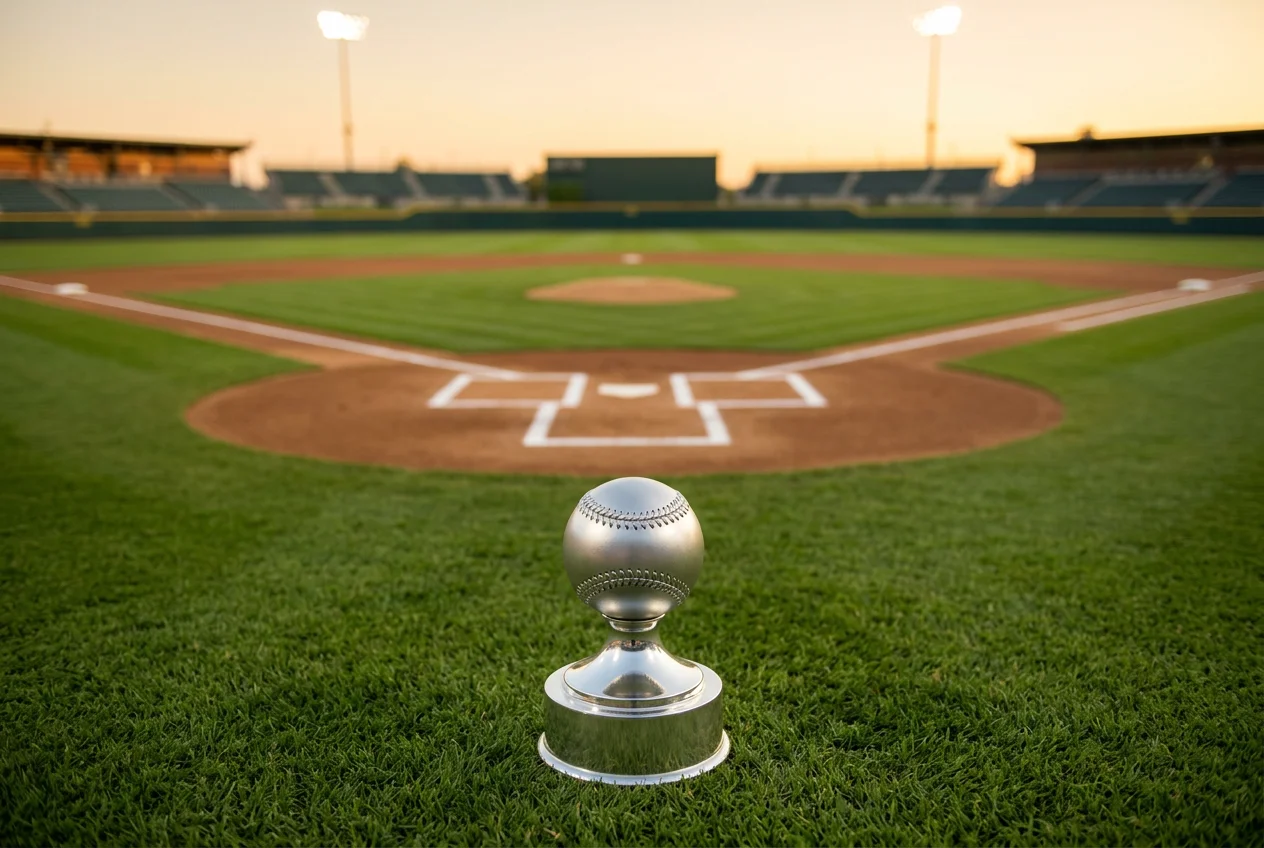 World-Series-Trophäe vor einem MLB-Spielfeld bei Sonnenuntergang